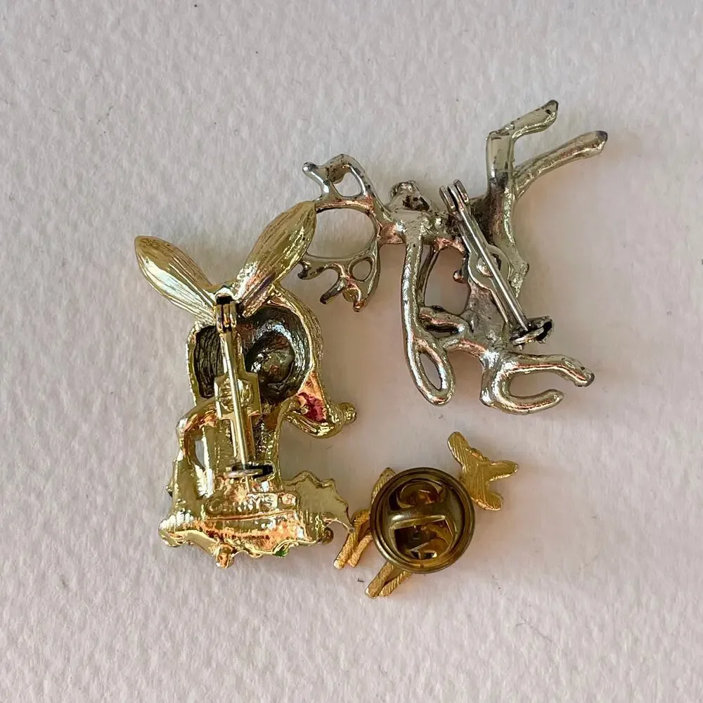 Vintage Christmas Pins Reindeer Rhinestone Enamel Brooch Signed Gerrys Lot of 3